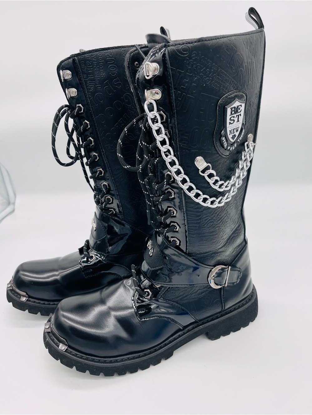“BEST NEW” Steampunk Goth Moto Combat Boots with Chain Detail - Picture 2 of 8